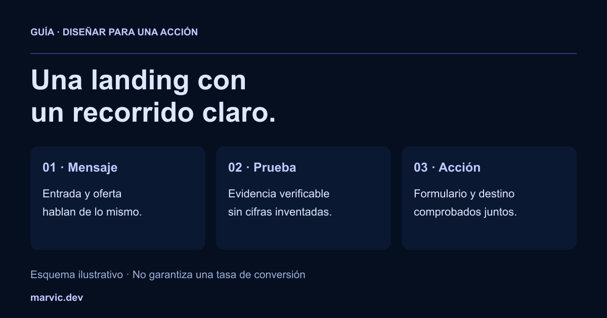 Recorrido de una landing: mensaje coherente con la entrada, prueba verificable y acción con formulario y destino comprobados.